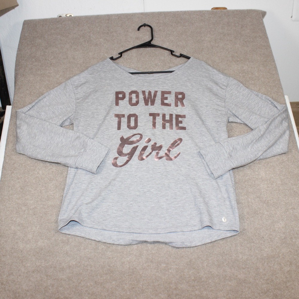 Xersion Gray Graphic Long Sleeve Top Power To The Girl Keyhole Back 2XL Plus